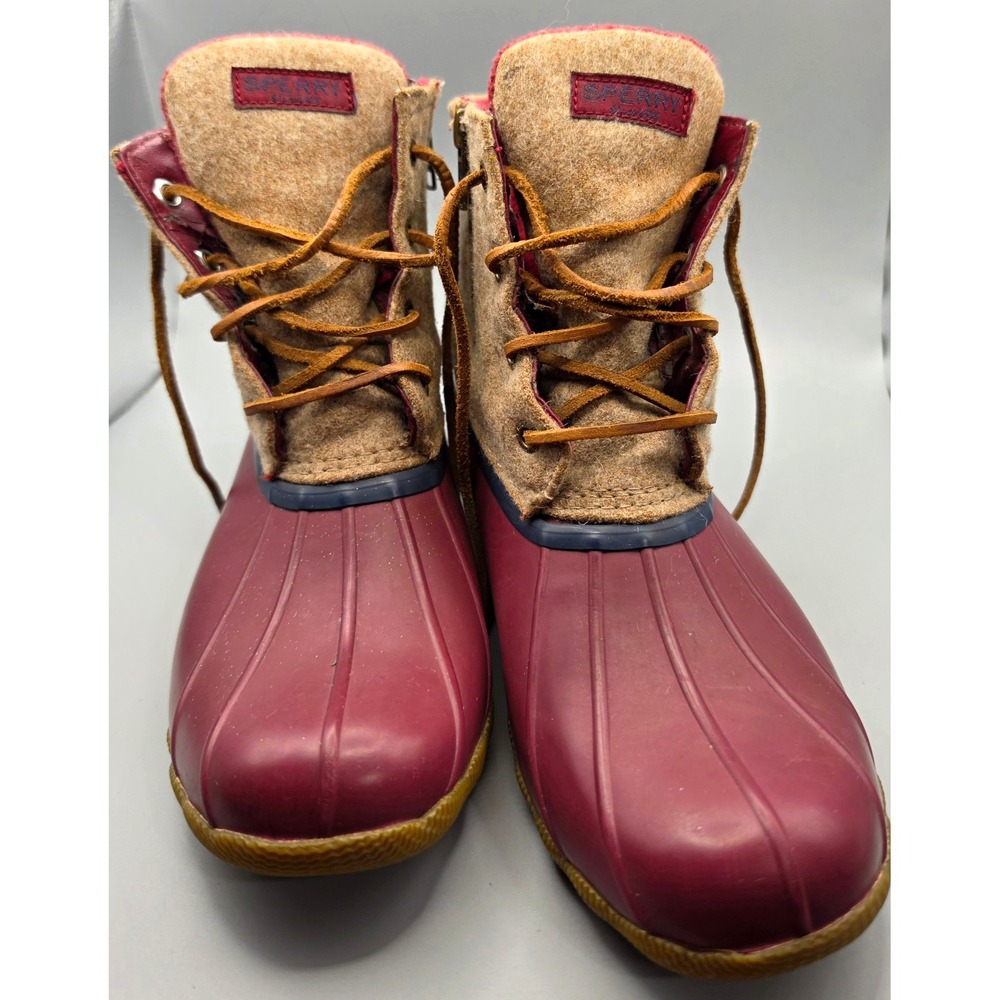 Sperry Womens Duck Boots Size 7.5 Red Tan Wool Lace Up Waterproof Rain Boots
